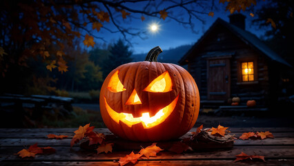 A Halloween pumpkin glowing in the night