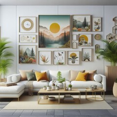 A living room with a template mockup poster empty white and with a couch and art on the wall image art attractive has illustrative meaning.