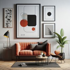 A living room with a template mockup poster empty white and with a couch and art on the wall image art has illustrative meaning has illustrative meaning.