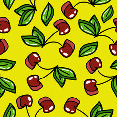 Seamless pattern with juicy red cherries and green leaves. Vector cartoon illustration.