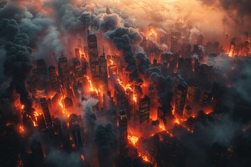 An intense aerial view of a major city overtaken by massive fires and thick smoke, evoking the end of the world as we know it