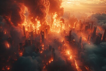 A dystopian cityscape shows a fiery horizon with the sky dominated by orange hues and clouds of smoke, portending a grim future
