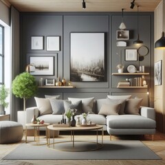A living room with a template mockup poster empty white and with a couch and coffee table image attractive lively used for printing.
