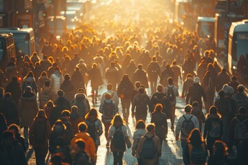 The image captures a bustling city scene with people walking as the sun sets, casting a warm, glowing light