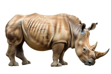 Fototapeta premium A powerful rhinoceros standing on a clean white surface. Suitable for various projects