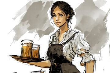 A drawing of a waitress holding a tray of beer. Ideal for restaurant and bar promotions