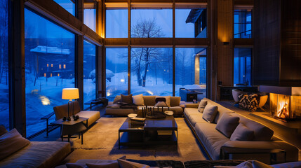 warm big log cabin or woodouse interiour at the snowy mountaines with fireplace cozy warm lightss inside