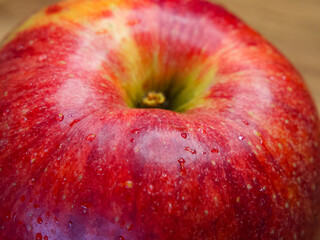 Moist Red Apple. An apple’s wet surface, indicating recent washing.