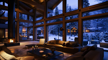 warm big log cabin or woodouse interiour at the snowy mountaines with fireplace cozy warm lightss inside