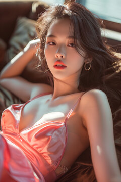beautiful young asian woman in thin lingerine on the sofa