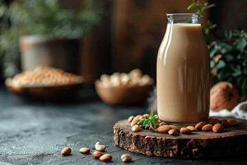 A glass jar of almond milk on a wooden piece, adorned with almonds and green leaves