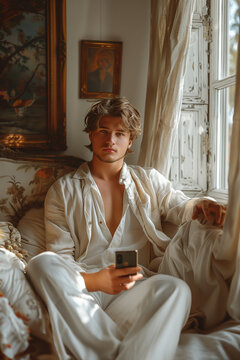 handsome hot guy man using typing smartphone 