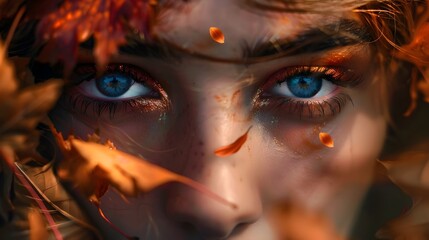 Naklejka premium Pensive Woman s Captivating Gaze Amidst Autumn s Vibrant Embrace