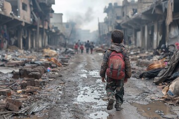 A small boy with a backpack moves through a destruction-ridden street, symbolizing desolation and the human consequences of war