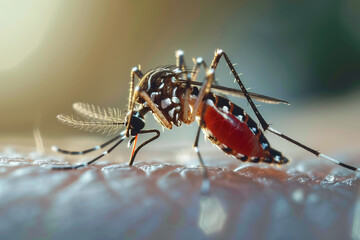 Dengue hemorrhagic fever, aedes mosquito sucking human blood on skin.