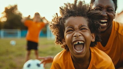 Two young boys celebrate a goal during a soccer game