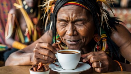 Obraz premium An indigenous man with a headdress and feathers drinking from coffee cup, AI