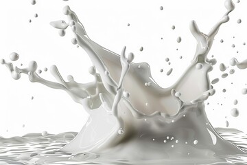 Highly detailed rendering of a milk splash with droplets suspended in the air, crafted in 3D