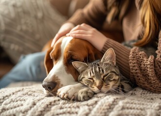 A woman petting her dog and cat while sitting on the sofa at home, focusing on hands touching the head of a basset hound dog and a grey tabby short hair housecat with brown ears