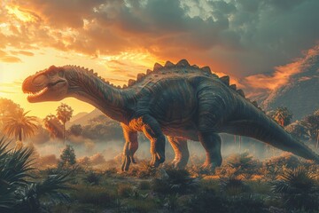 An imposing dinosaur stands tall against a stunning backdrop of a prehistoric landscape bathed in...