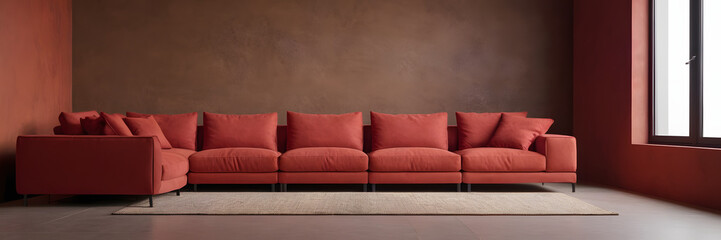 Red modular corner sofa against blank brown stucco wall with copy space. Loft interior design of modern living room design