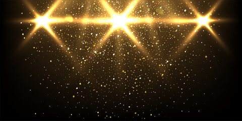 Stage lights with golden glitter vector realistic illustration. Abstract gold spotlights with rays on dark background. Bright flashes and sparkles
