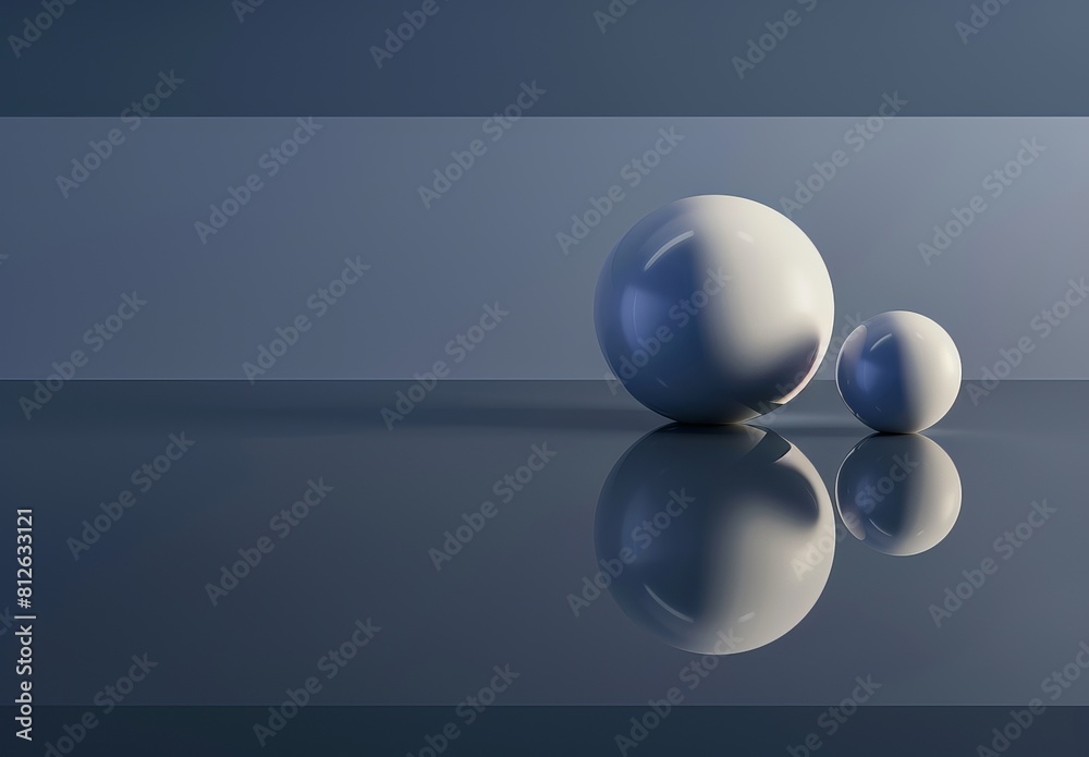 Poster Two perfectly smooth, reflective spheres on a dark glossy surface show minimalism and balance in design