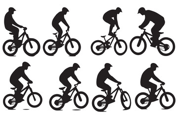 silhouette cyclists bicycle jumping riders on white background