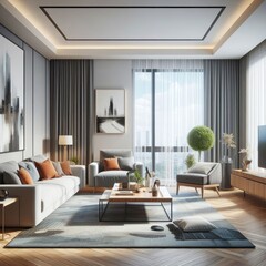 A living room with a template mockup poster empty white and with a tv and couches art realistic harmony lively.