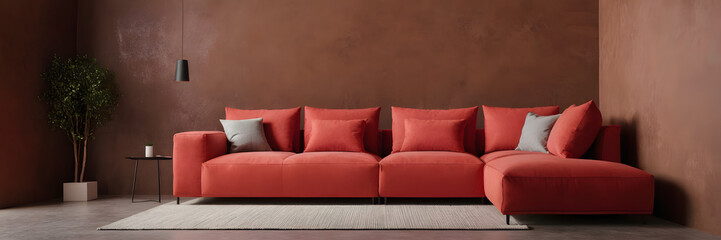Red modular corner sofa against blank brown stucco wall with copy space. Loft interior design of modern living room design