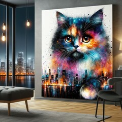 A painting of a cat in a Room with a template mockup poster and image realistic lively has illustrative meaning.