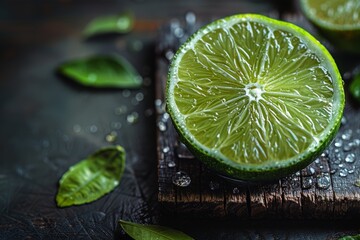 Lime half on a textured surface with green leaves in the background, focus on the citrus texture