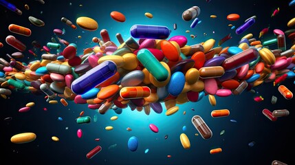 Multi-colored pills and capsules of drugs flying in all directions