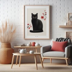 A Room with a template mockup poster and with a chair and a picture of a cat art photo attractive card design.