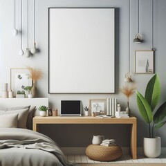 A Room with a template mockup poster empty white and with a bed and a desk and a picture frame art realistic has illustrative meaning.