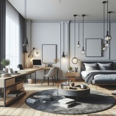 A Room with a template mockup poster empty white and with a bed and desks art photo harmony used for printing.