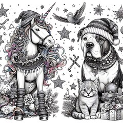 A drawing of a dog unicorn and a cat image photo attractive harmony card design illustrator.