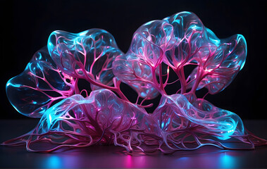 Delicate synaptic structures glow with neon blue and pink lights, resembling a neural ballet