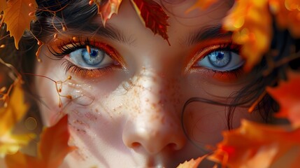 Captivating Autumnal Reflection Enigmatic Gaze Amid Vibrant Fall Foliage