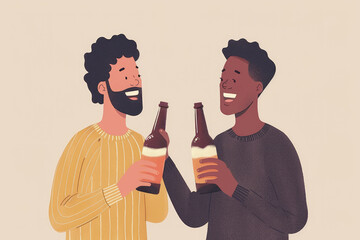 Two men of different nationalities with bottles of beer in their hands are having fun at the holiday. Minimal flat design