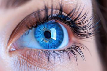 A woman's eye with a blue iris, with light reflected in the pupil, close-up. Vision problems
