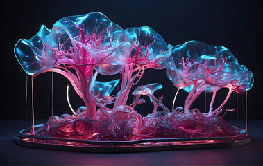 Delicate synaptic structures glow with neon blue and pink lights, resembling a neural ballet