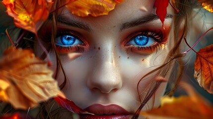 Obraz premium Captivating Autumn Portrait of a Pensive Ethereal Woman Surrounded by Vibrant Foliage and Warm Colors