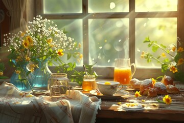 Sunlit rustic kitchen setting with pastries and fresh flowers on a wooden table