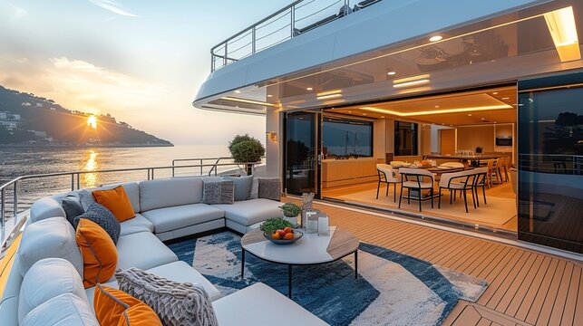 Sofas and dining area on the deck of a luxury yacht with blue accents. View from inside to outside during golden hour lighting. Yacht interior design concept. High resolution photography. 