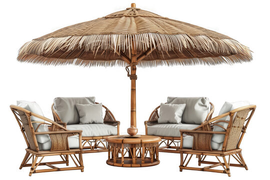 Outdoor rattan patio furniture setup under a large thatched umbrella, featuring sofas and a central table, ideal for leisure on a transparent background.