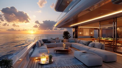 Sofas and dining area on the deck of a luxury yacht with blue accents. View from inside to outside during golden hour lighting. Yacht interior design concept. High resolution photography.