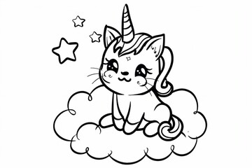 cute little unicorn kitten with a little star sitting on a cloud.