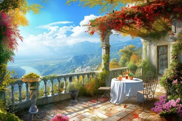 Naklejka premium Enchanting terrace with blooming flowers overlooking a scenic valley