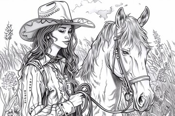 Black and white coloring page with a cheerful cowgirl and her horse. This drawing gives children the opportunity to express their creativity and color the image in their own way. It depicts a fun and 